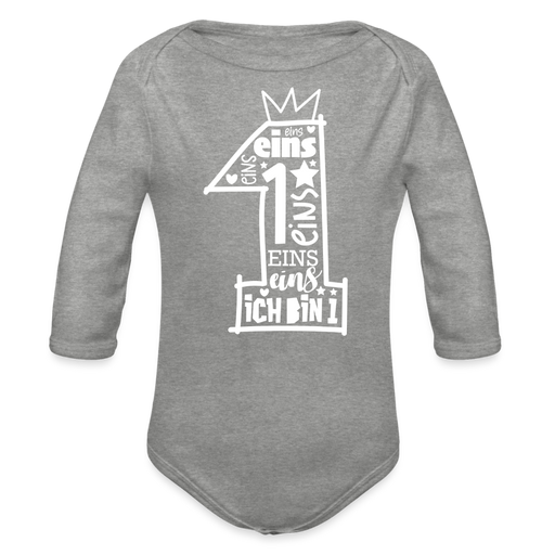 Baby Bio-Langarm-Body  1. Geburtstag mit Krone - Grau meliert