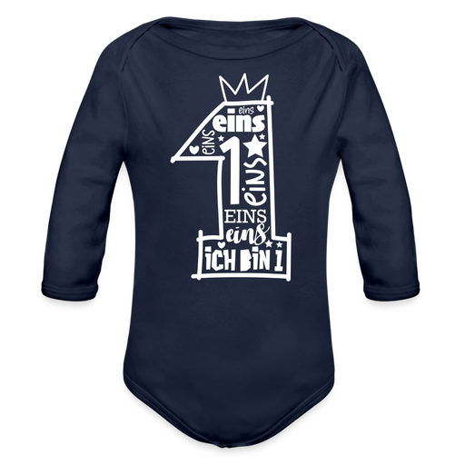 Baby Bio-Langarm-Body  1. Geburtstag mit Krone - Dunkelnavy